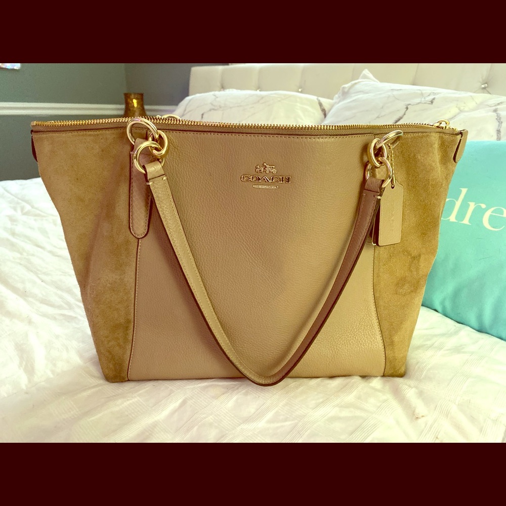 Beige suede leather coach purse
